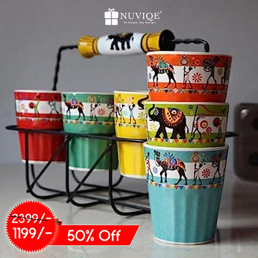 Ceramic Jaipuri Art Tea/Coffee Glasses with Heavy Holder Stand, Set of 7,Multicolor